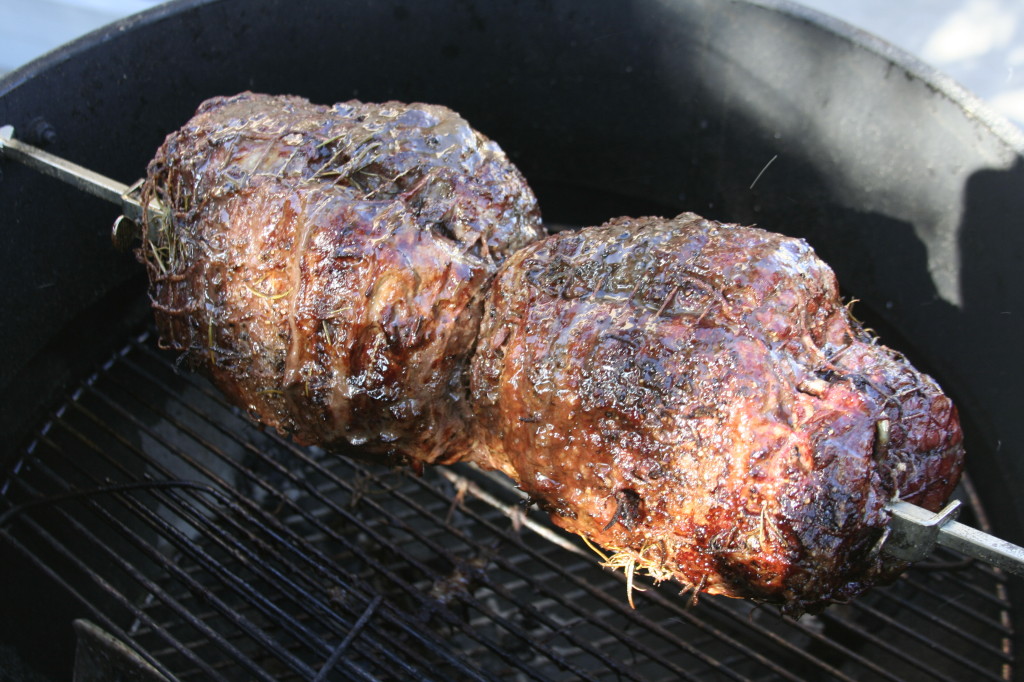 Rotisserie-roasted rosemary lamb legs