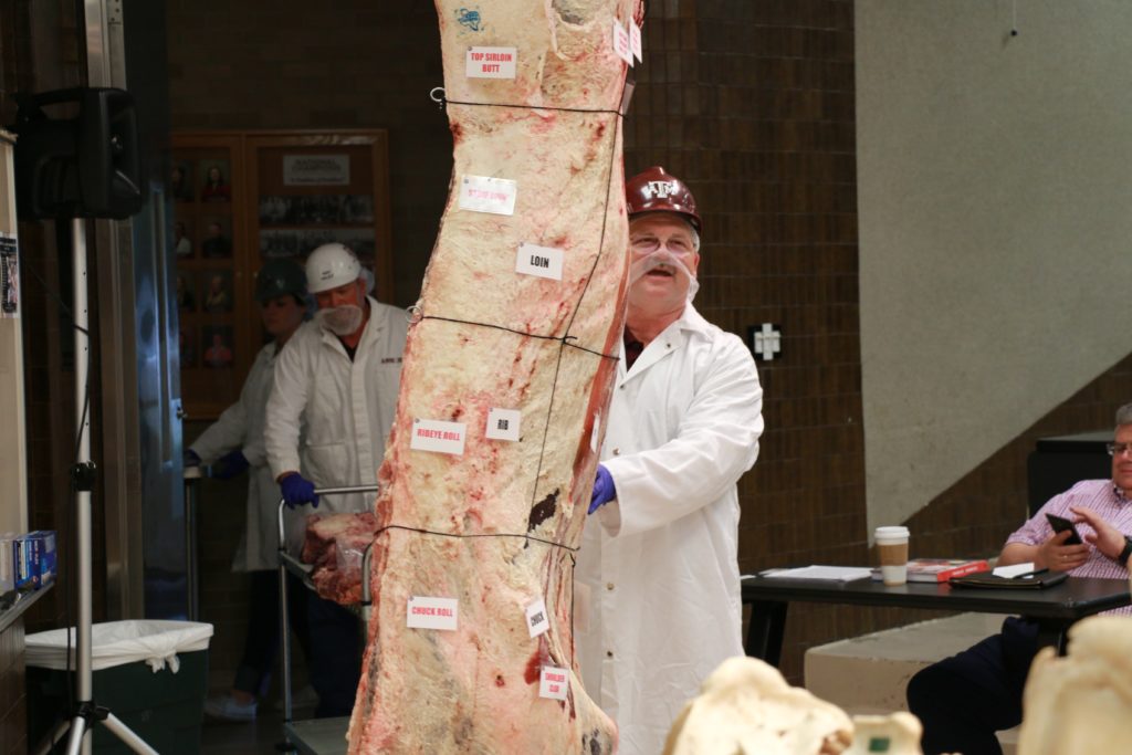 Davey Griffin wheeling beef carcass in to classroom