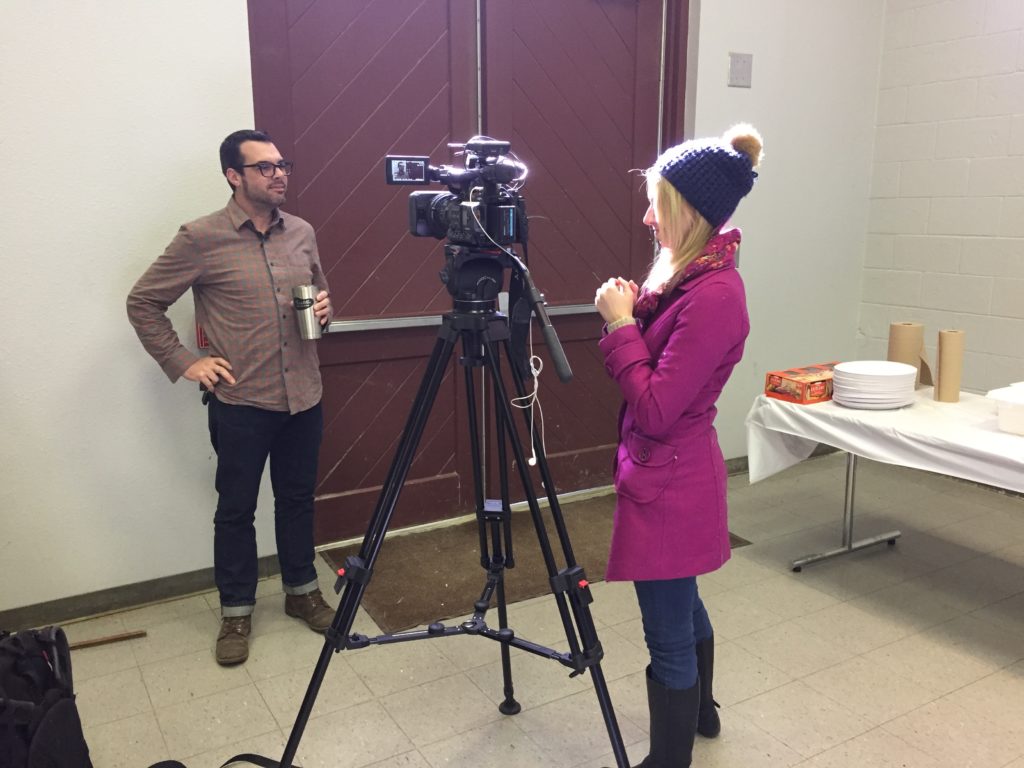 Aaron Franklin being interviewed by Blakeley Galbraith, KBTX-TV