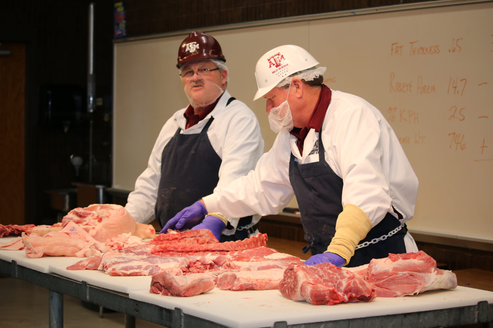 Davey and Ray demonstrating the cuts from a pork carcass for the participants of the Texas Barbecue Town Hall Meeting
