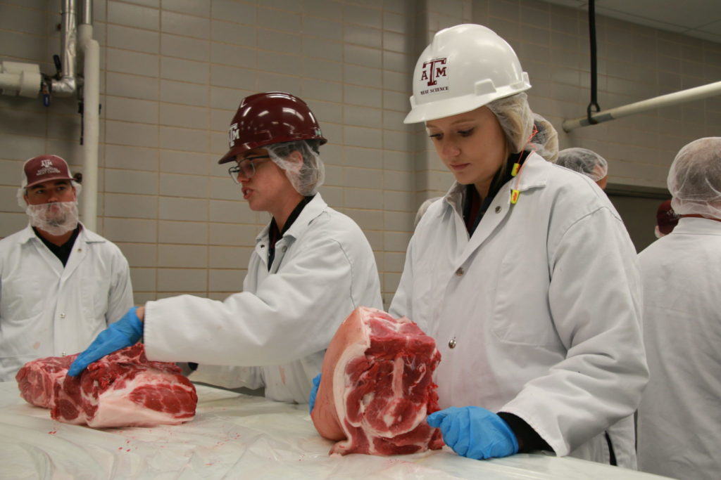 Paige Williams and Lilly Kochevar showing pork shoulder cuts